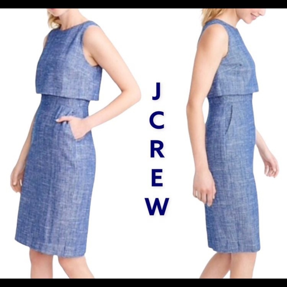 J. Crew Going Places Linen Blend Dress Blue Herringbone w pockets. Gently used.